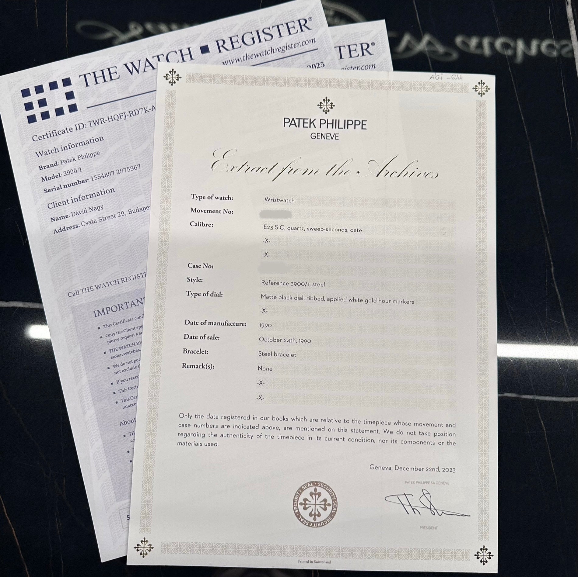 Patek Philippe Nautilus REF. 3900 ESTRATTO DI ARCHIVIO